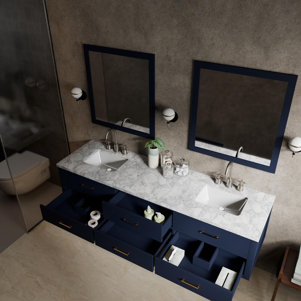 Lexora Home Castor 80" Double Bathroom Vanity in Blue with 2 cm White Carrara Marble Top and Rectangular Sinks, , large