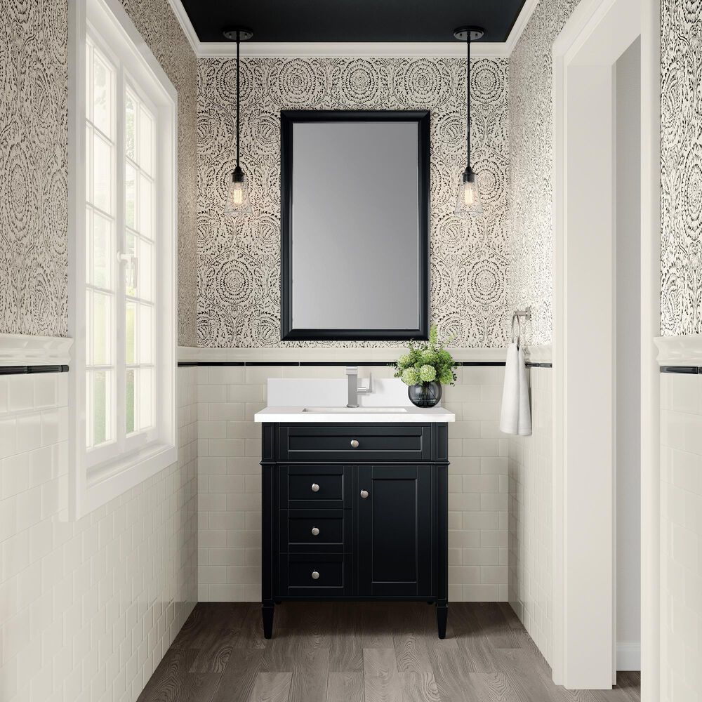 James Martin Vanities Brittany 30" Single Bathroom Vanity in Black Onyx with Single Hole 3 cm White Zeus Quartz Top and Rectangular Sink, , large