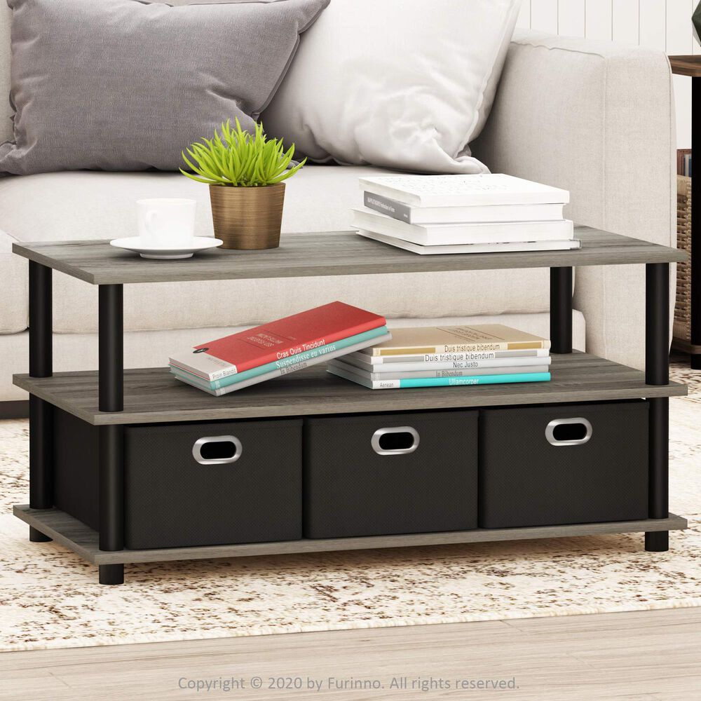 HOMLUX 2-Tier Turn-N-Tube Coffee Table with Bin Drawers in French Oak and Black, , large