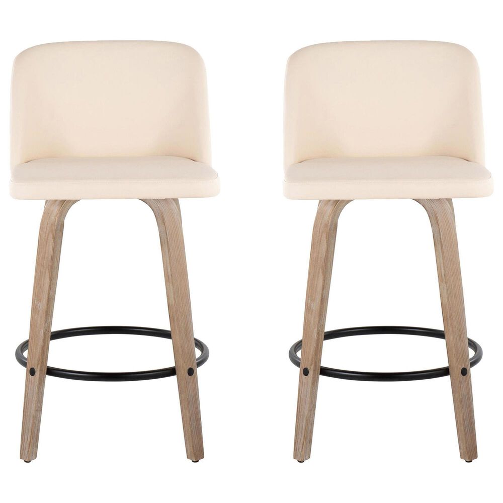 LumiSource Toriano Swivel Counter Stool with Cream Faux Leather Upholstery in Whitewashed and Black (Set of 2), , large