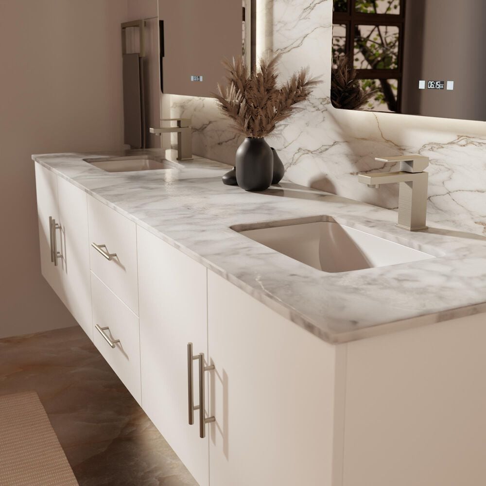 Lexora Home Geneva 80" Double Bathroom Vanity in Glossy White with 2 cm White Carrara Marble Top and Rectangular Sinks, , large