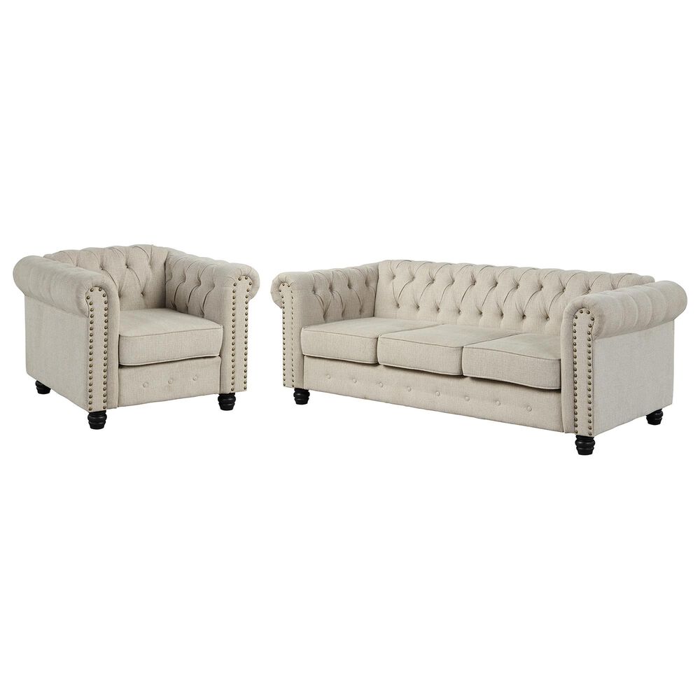 Morden Fort Chesterfield 2-Piece Stationary Linen Chair and Sofa Set in Beige, , large