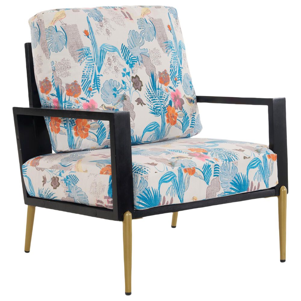 Hearth and Haven Floral Velvet Lounge Arm Chair with Gold Metal Legs in Blue, , large