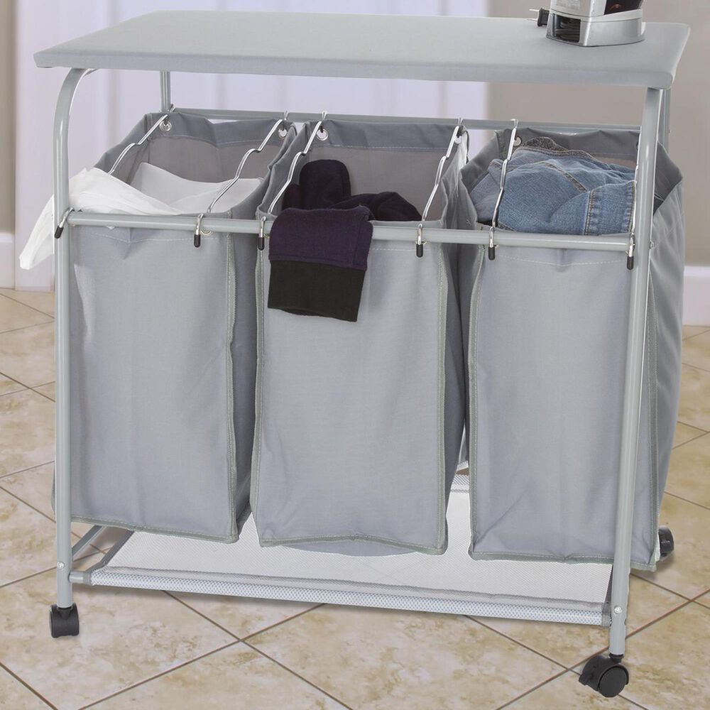 Timberlake Lavish Home Rolling 3 Bin Laundry Sorter and Ironing Station, , large