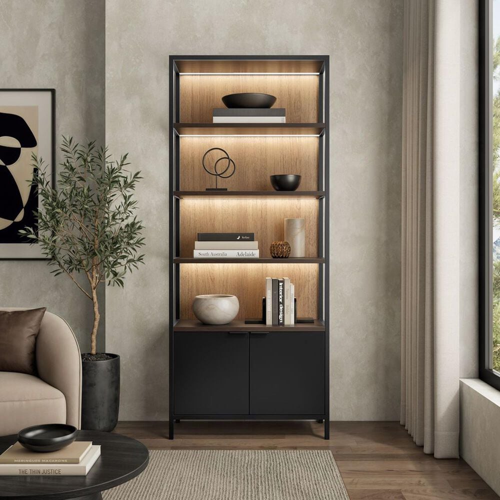 Wycliff Bay Marsden 86" Wall Bookcase with Lighting in Black and Tan, , large