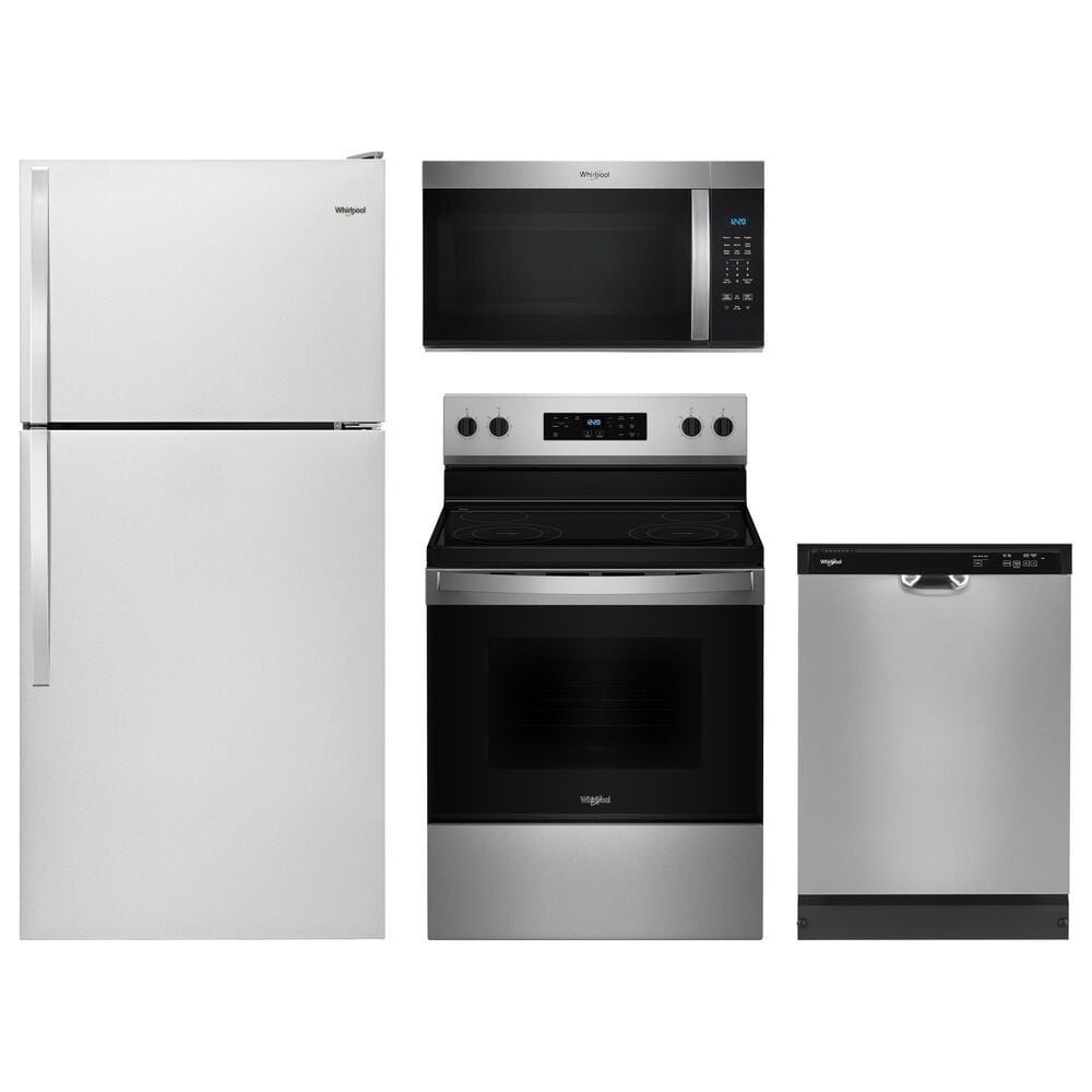 WHIRLPOOL 4-Piece Kitchen Package with 18.25 Cu. Ft. Top-Freezer Refrigerator and 5.3 Cu. Ft. Electric Range in Stainless Steel, , large