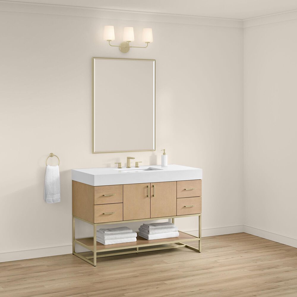 37B Mauri 48" Single Bathroom Vanity with Metal Base in Warm Oak with High-Profile 4" White Composite Stone Top, , large
