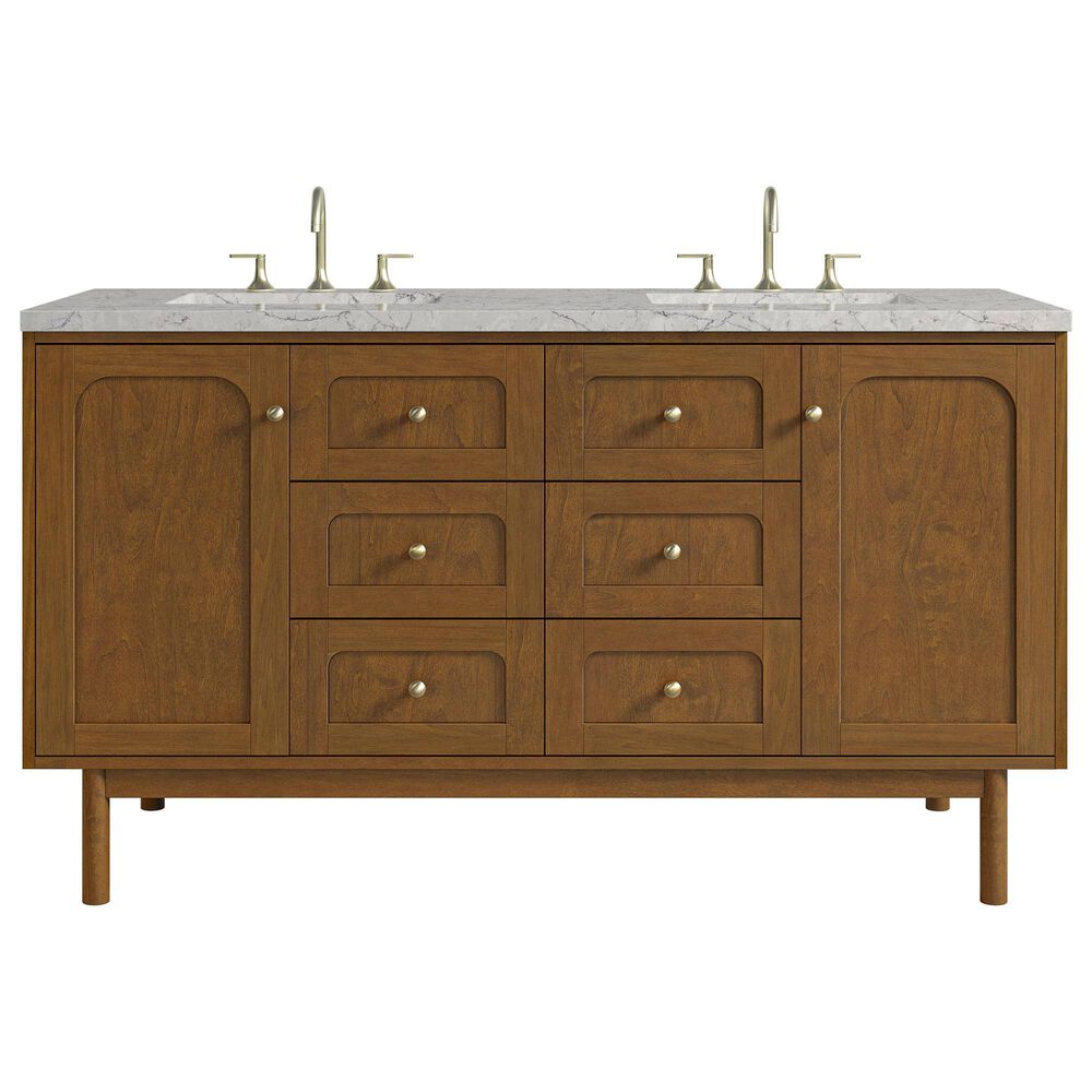 James Martin Laurent 60" Double Bathroom Vanity in Honey Oak with 3 cm Eternal Jasmine Pearl Silestone Top and Rectangular Sinks, , large