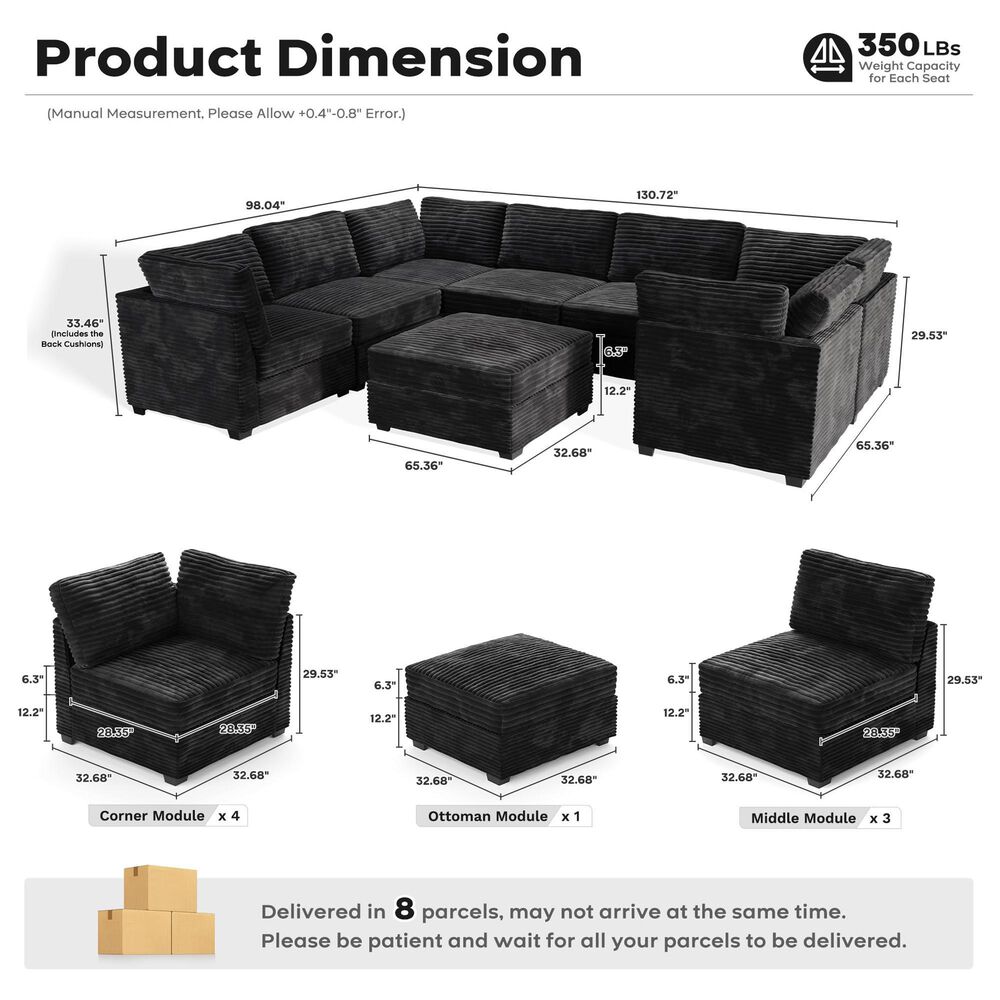 HOMLUX 8-Piece Mod U-Sectional with Chaise in Black, , large