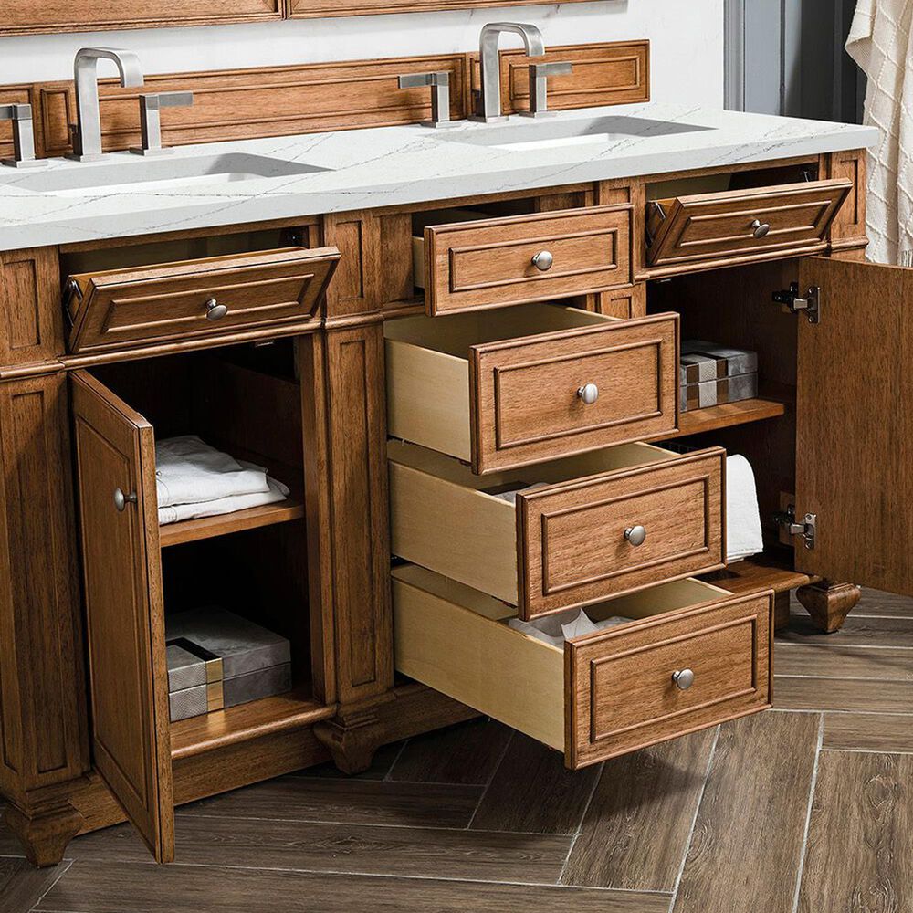 James Martin Vanities Bristol 60&quot; Double Bathroom Vanity in Saddle Brown with 3 cm Ethereal Noctis Quartz Top and Rectangular Sinks, , large
