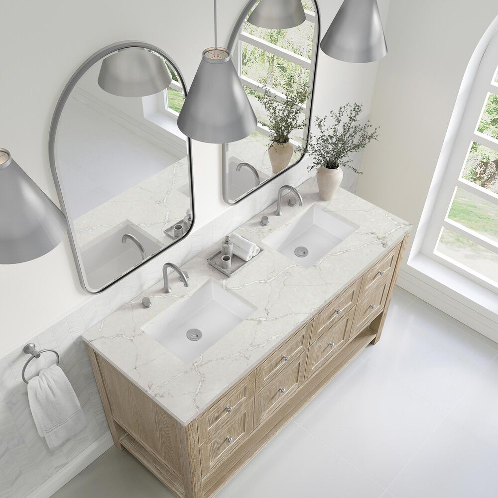 James Martin Vanities Breckenridge 60" Double Bathroom Vanity in Whitewashed Oak with 3 cm Eternal Jasmine Pearl Silestone Top, Rectangular Sinks and FreePower Wireless Charger, , large