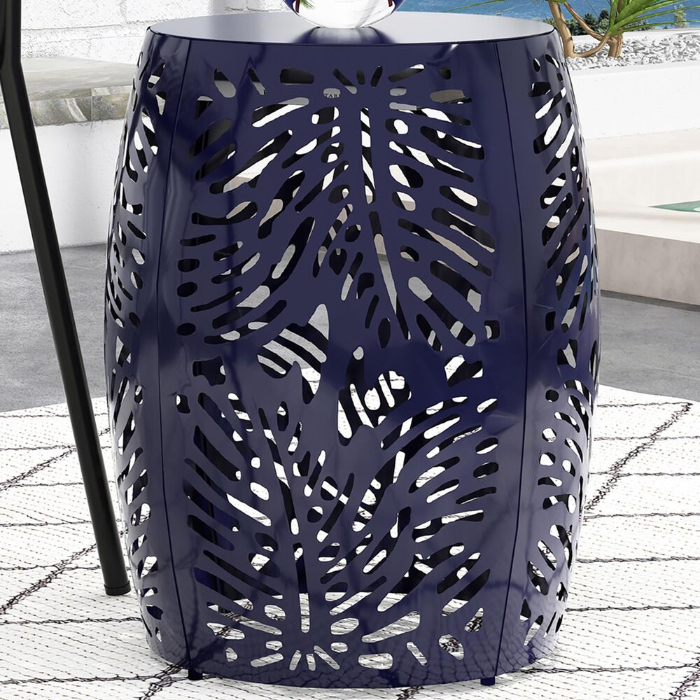 Hearth and Haven Outdoor Side Table with Tropical Palm Leaf Pattern in Navy Blue, , large