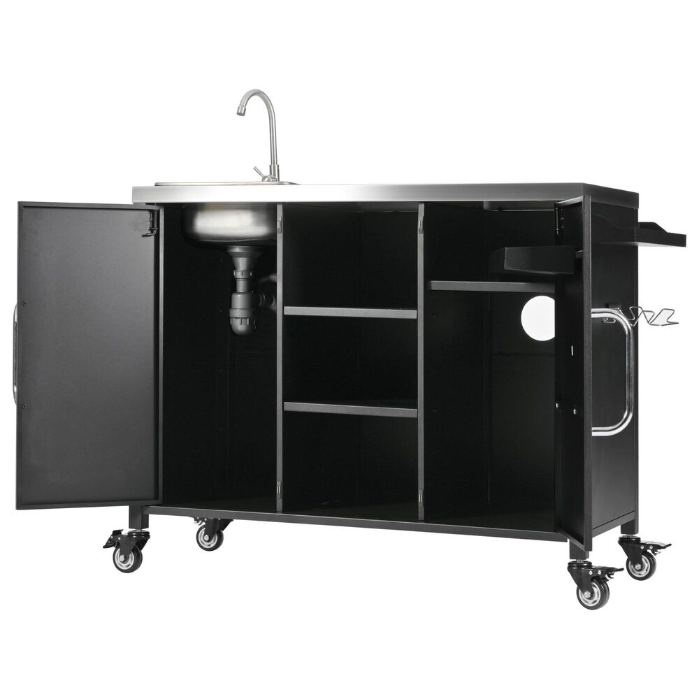 HOMLUX 55.5" Outdoor Kitchen Island with Sink in Black and Stainless Steel, , large