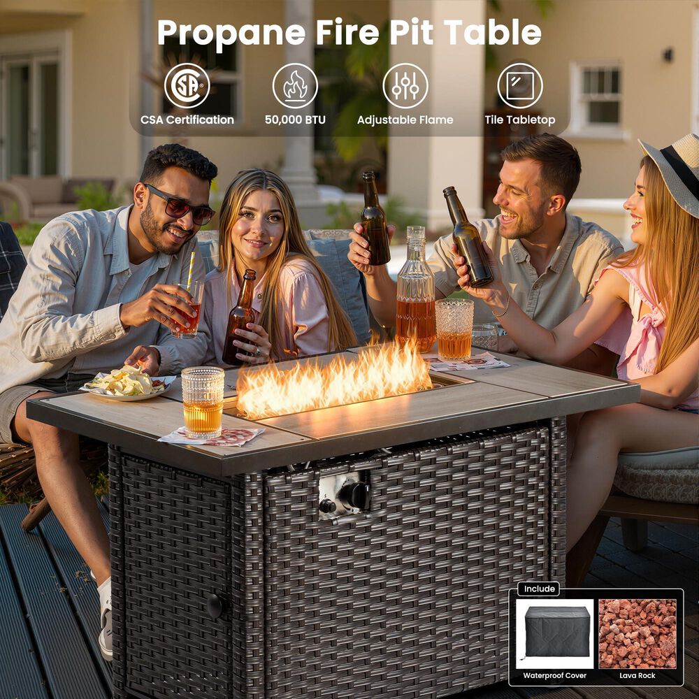 HOMLUX 7-Piece Patio Set with 42 Inch Fire Pit Table, Outdoor Wicker Sofa and Swivel Rocking Chairs, Brown Rattan in Beige, , large