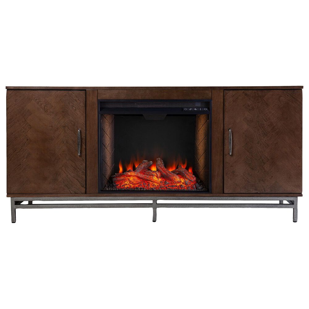 Southern Enterprises Dibbonly 60" Media Storage with Fireplace in Brown Matte Silver, , large