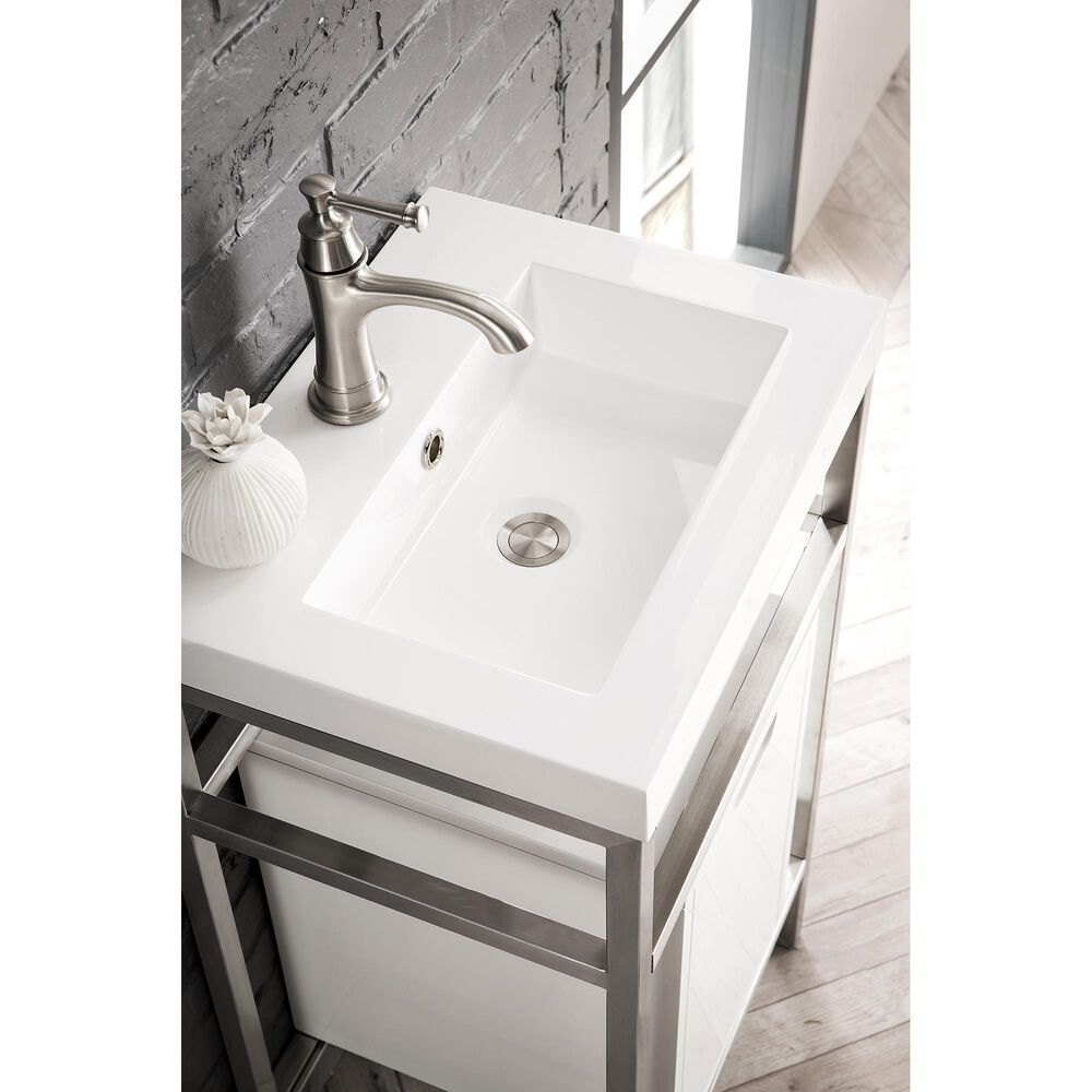 James Martin Vanities Boston 20&quot; Single White Door Bathroom Vanity in Brushed Nickel with 3 cm White Glossy Resin Countertop and Rectangular Sink, , large