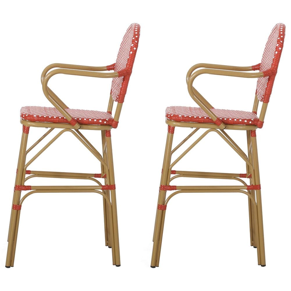 Hearth and Haven Outdoor Wicker French Barstool with Curved Design in Red (Set of 2), , large