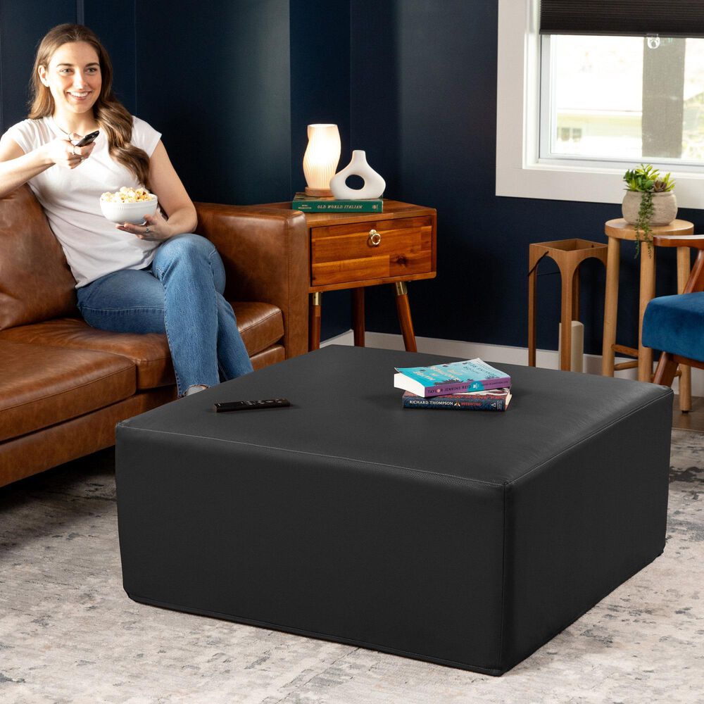 Jaxx Fairlie Faux Leather Ottoman in Black, , large