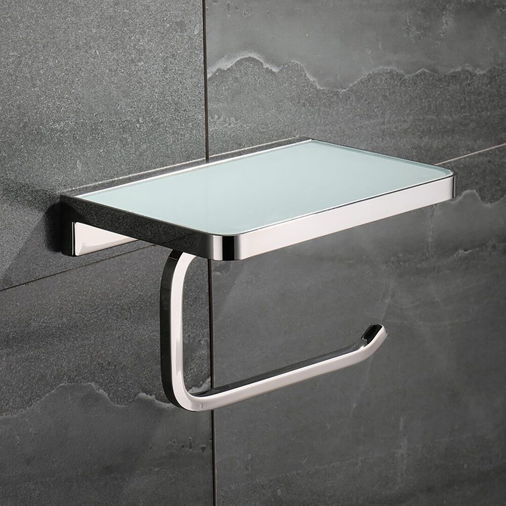 Lexora Home Bagno Bianca Post Toilet Paper Holder with Glass Shelf in Chrome and White, , large