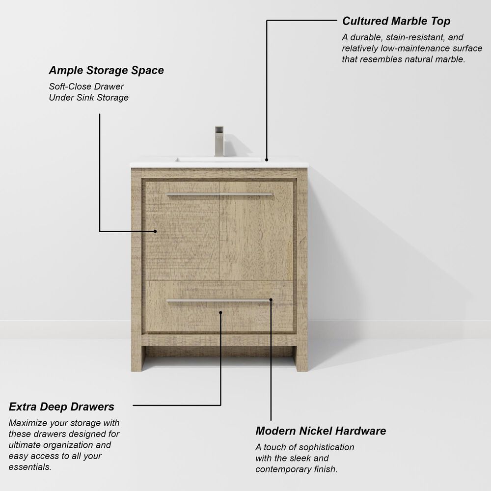 Lexora Home Lafarre 30&quot; Single Bathroom Vanity in Rustic Acacia with 2 cm White Cultured Marble Top and Rectangular Sink, , large