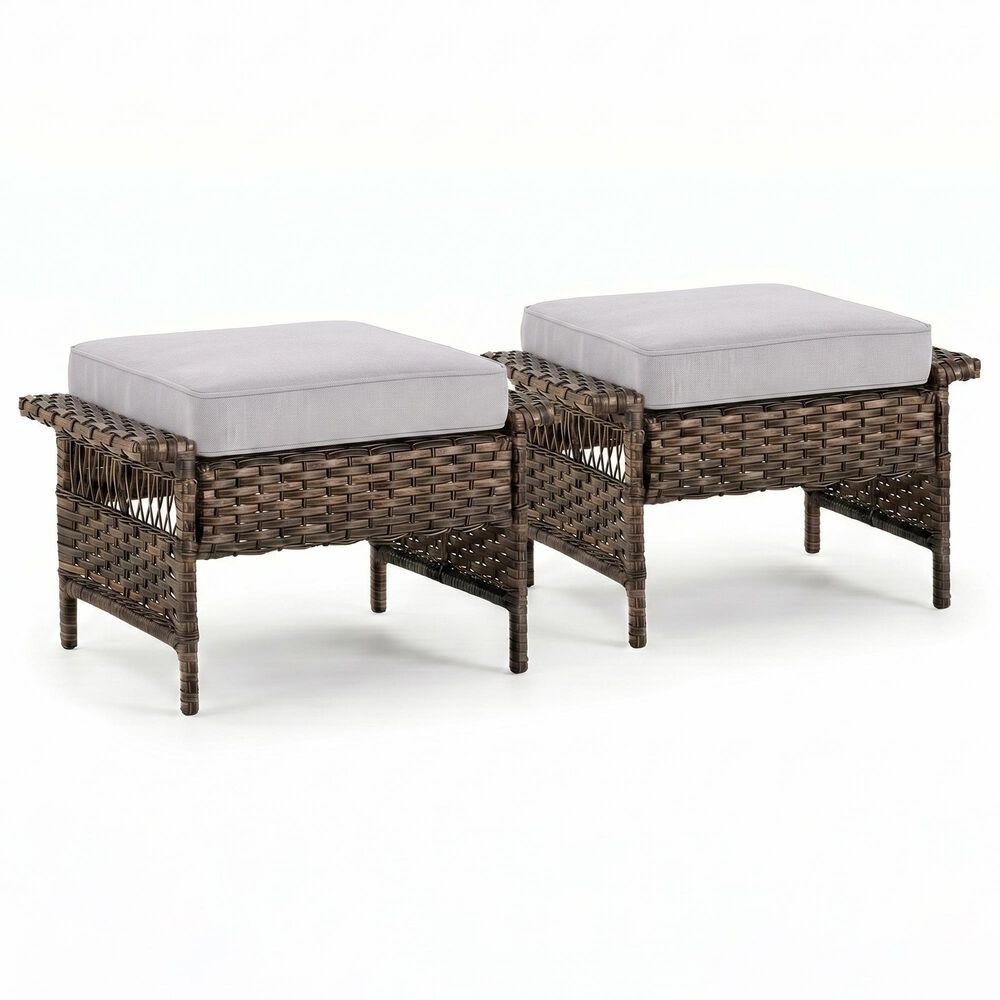 Sunwell Garden Outdoor Ottoman with Beige Cushion in Brown (Set of 2), , large