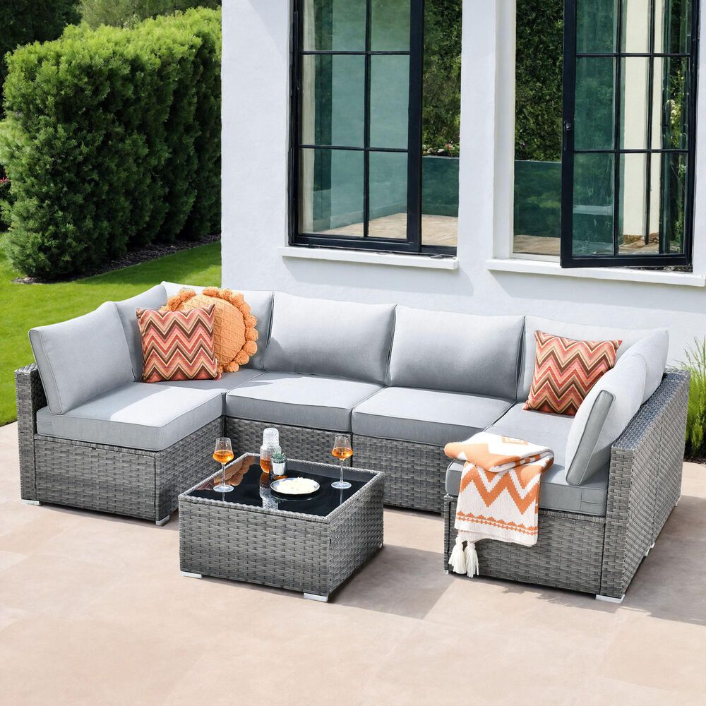 HOMLUX 7-Piece Patio Conversation Set with Grey Wicker in Gray, , large