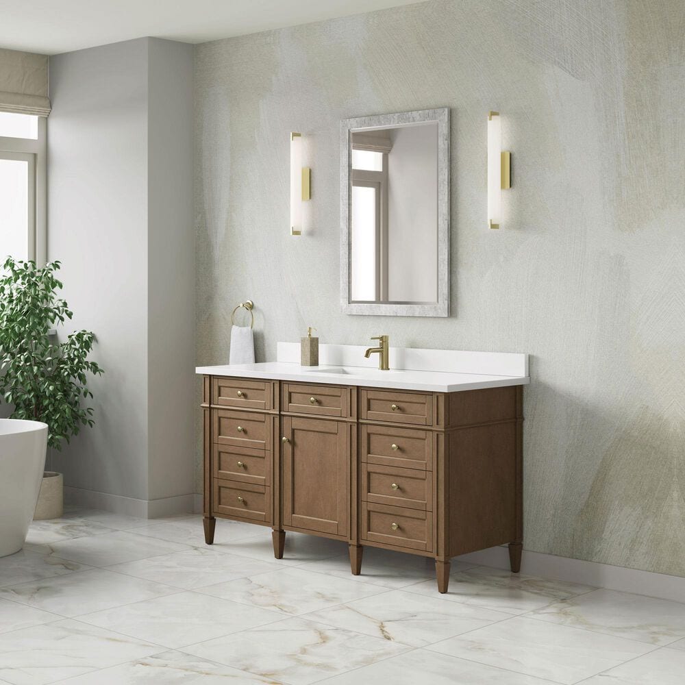 James Martin Brittany 60" Single Bathroom Vanity in Pecan with Single Hole 3 cm White Zeus Silestone Top and Rectangular Sink, , large