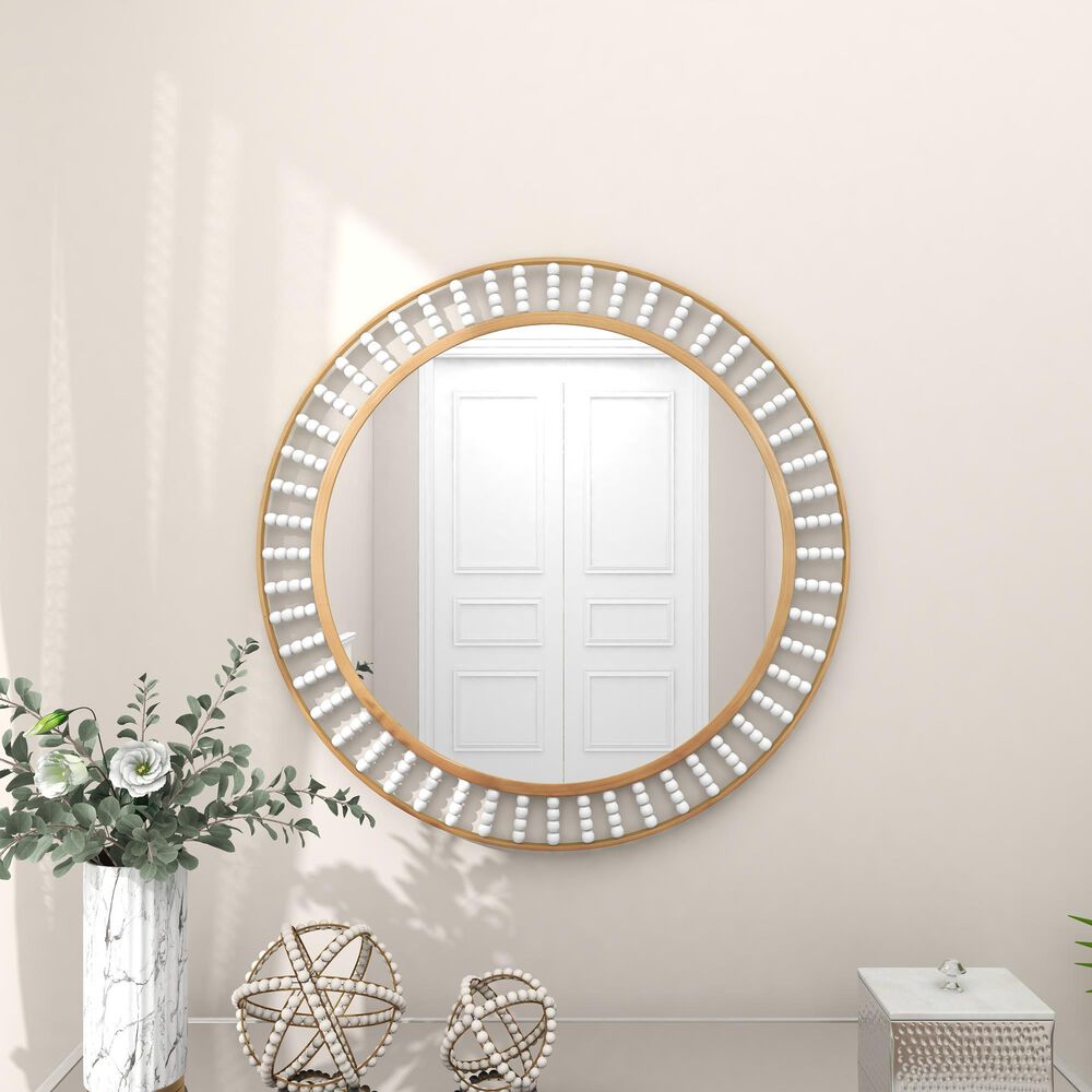 Maple and Jade 32&quot; Round Wall Mirror in Golden Brown and White, , large