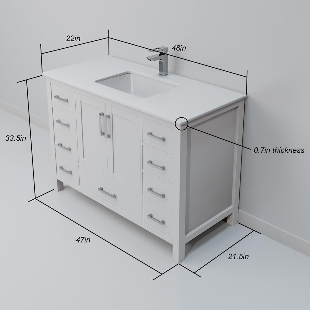 Lexora Home Jacques 48" Single Bathroom Vanity in White with 2 cm White Quartz Top and Rectangular Sink, , large