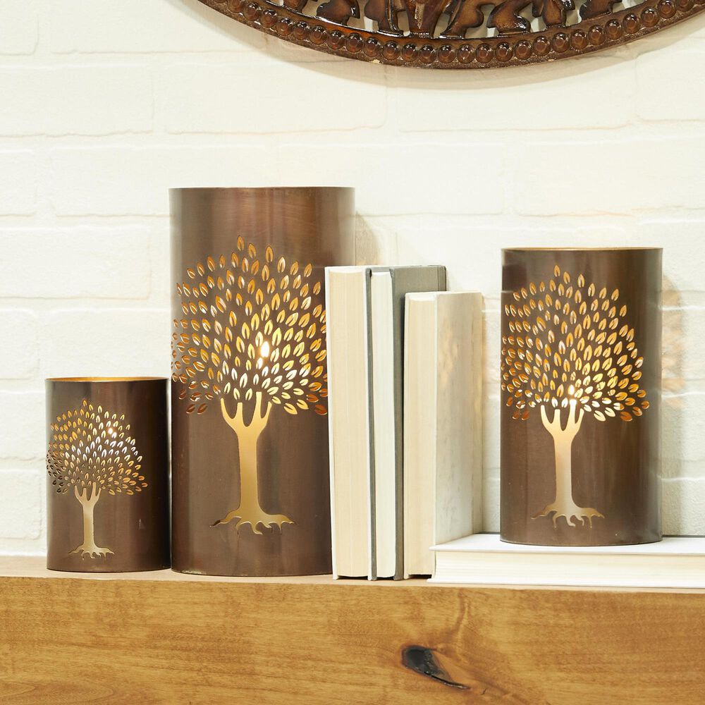 Maple and Jade Tree Cutout Decorative Indoor/Outdoor Candle Lantern in Brushed Copper &#40;Set of 3&#41;, , large