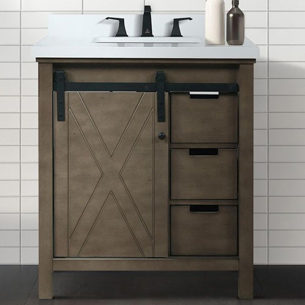 Lexora Home Marsyas 30&quot; Single Bathroom Vanity in Rustic Brown with White Quartz Top and Rectangular Sink, , large