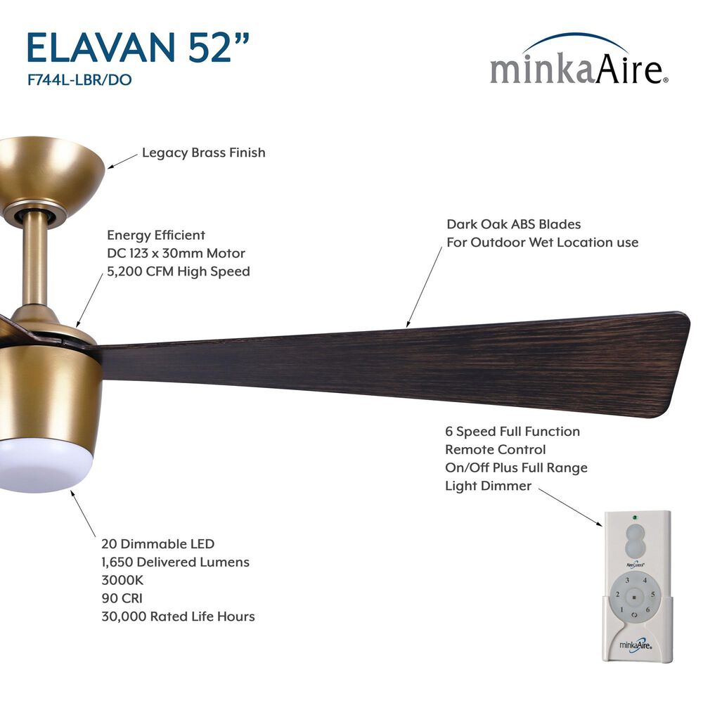 Minka-Aire Elavan 52" Indoor/Outdoor Ceiling Fan with LED Light in Legacy Brass, , large