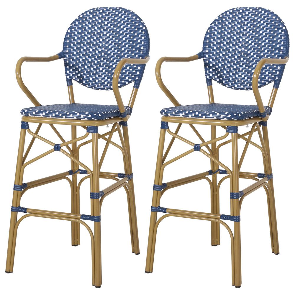 Hearth and Haven Outdoor Wicker Bar Stool with Footrest in Bamboo Print and Navy Blue (Set of 2), , large