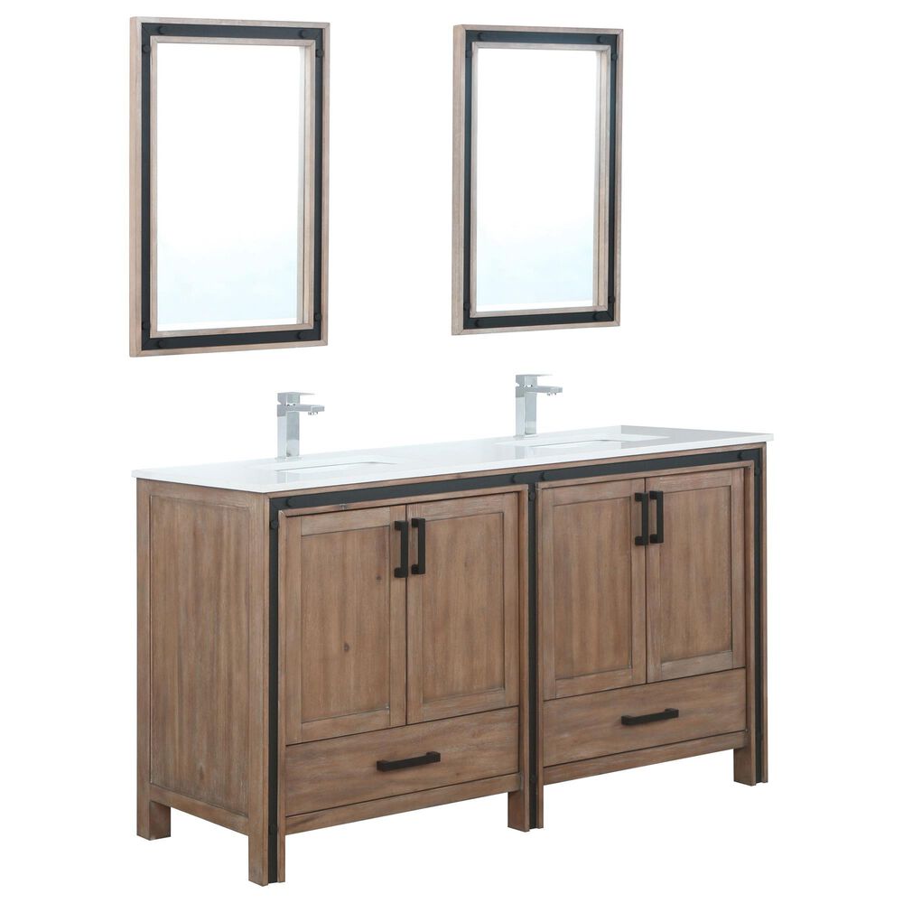 Lexora Home Ziva 60" Double Bathroom Vanity in Rustic Barnwood with White Cultured Marble Top, Rectangle Sinks, Chrome Faucets and Mirrors, , large