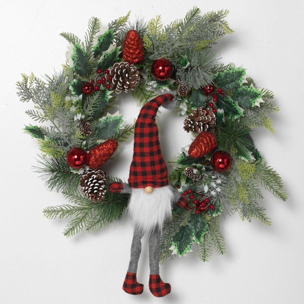 The Gerson Company 24" 2599050EC Holiday Pine Wreath with Gnome Ornaments in Green and Red, , large