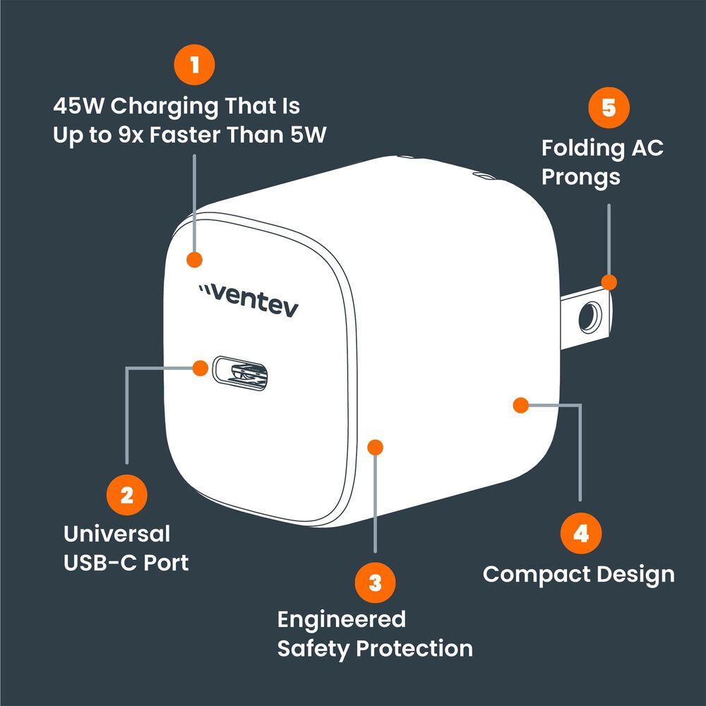 Ventev 45W Ultrafast USB-C Mini Wall Charger in White, , large