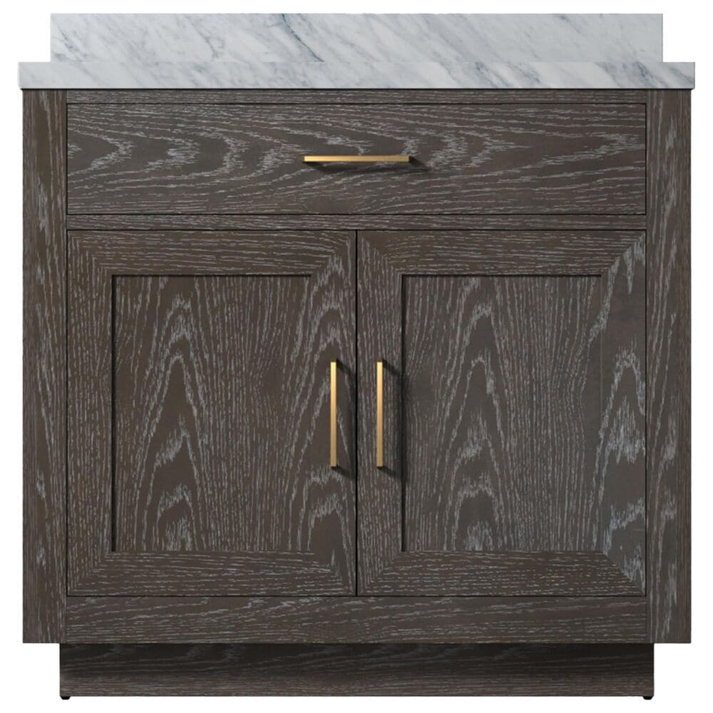 Lexora Home Abbey 36&quot; Single Bathroom Vanity in Brown Oak with 2 cm White Carrara Marble Top and Rectangular Sink, , large