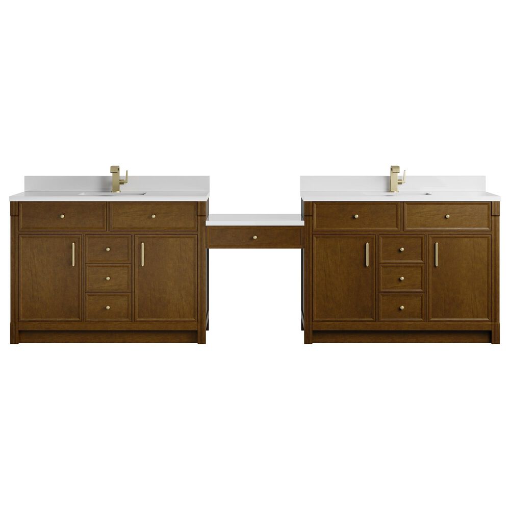 James Martin Vanities Bellshire 120" Dual Bathroom Vanity Set in Honey Oak with Single Hole 3 cm White Zeus Quartz Top and Rectangular Sinks, , large