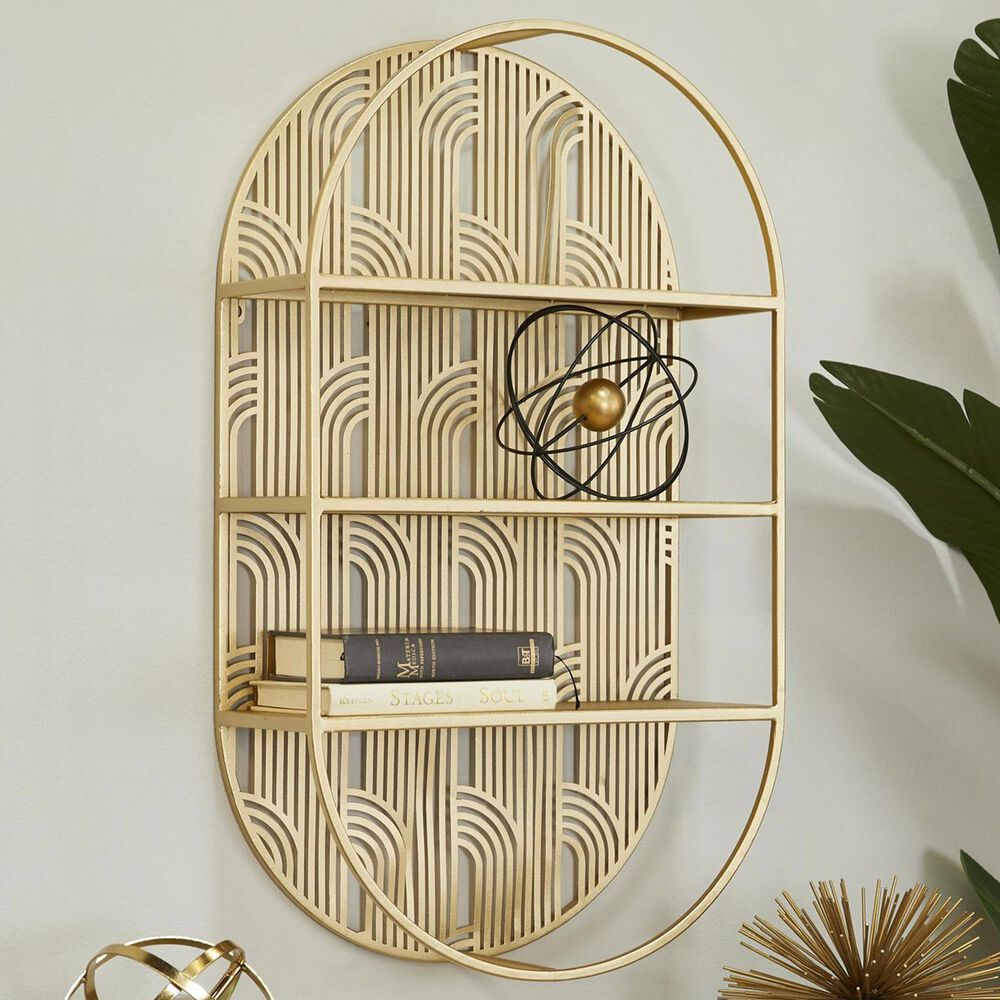 Maple and Jade 3-Level Oval Room Wall Shelf with Arch Pattern in Gold, , large