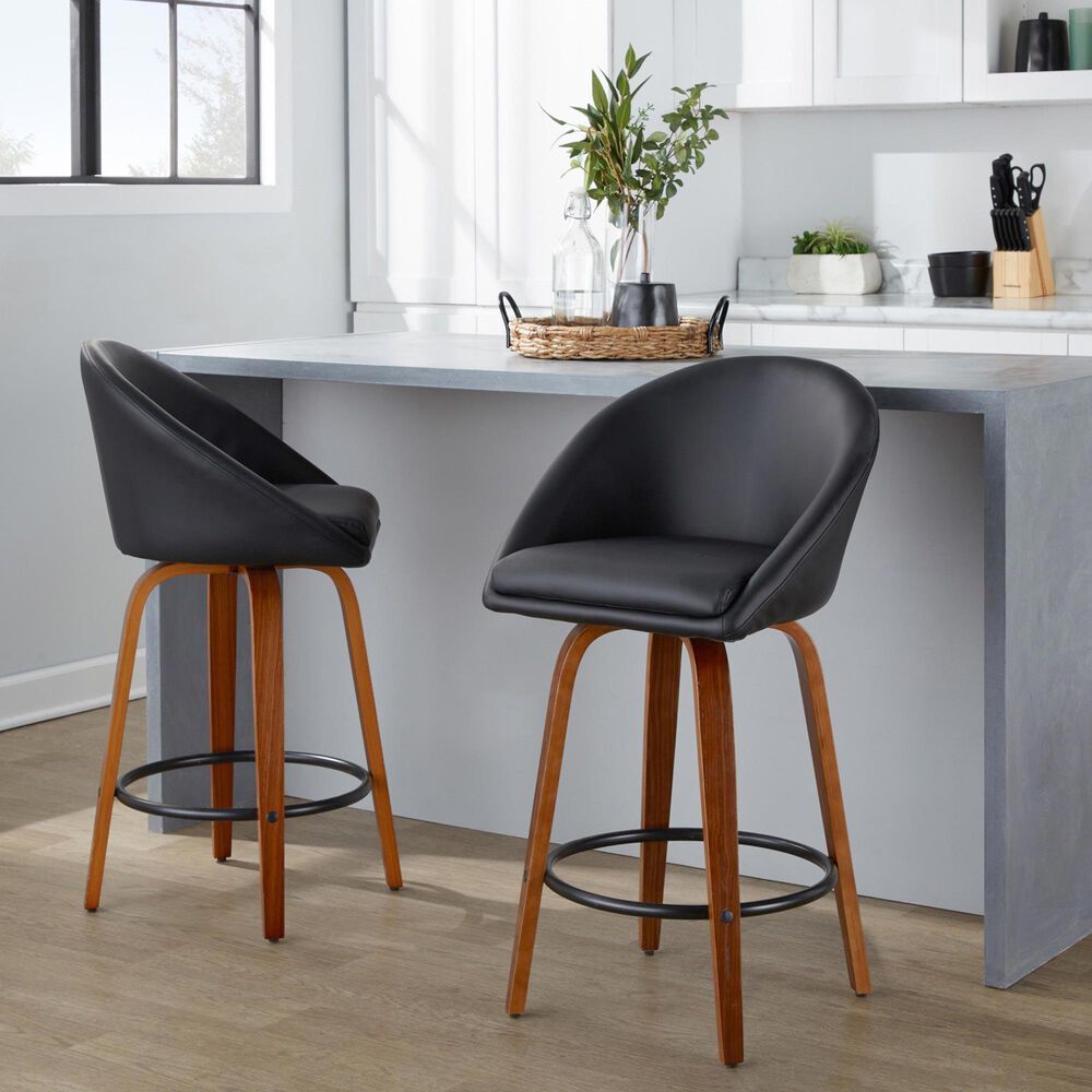 LumiSource Matisse 26" Swivel Counter Stool with Black Faux Leather Upholstery in Walnut and Black (Set of 2), , large