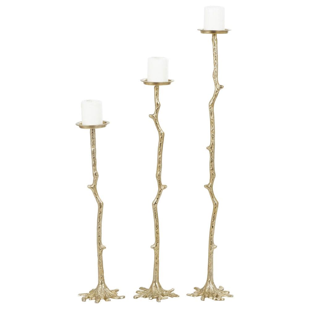 Maple and Jade Tall Floor Textured Metallic Abstract Decorative Candle Holder with Stick Inspired Design in Gold &#40;Set of 3&#41;, , large