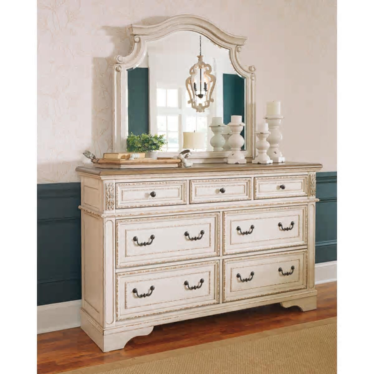 White and gold dresser with sales mirror