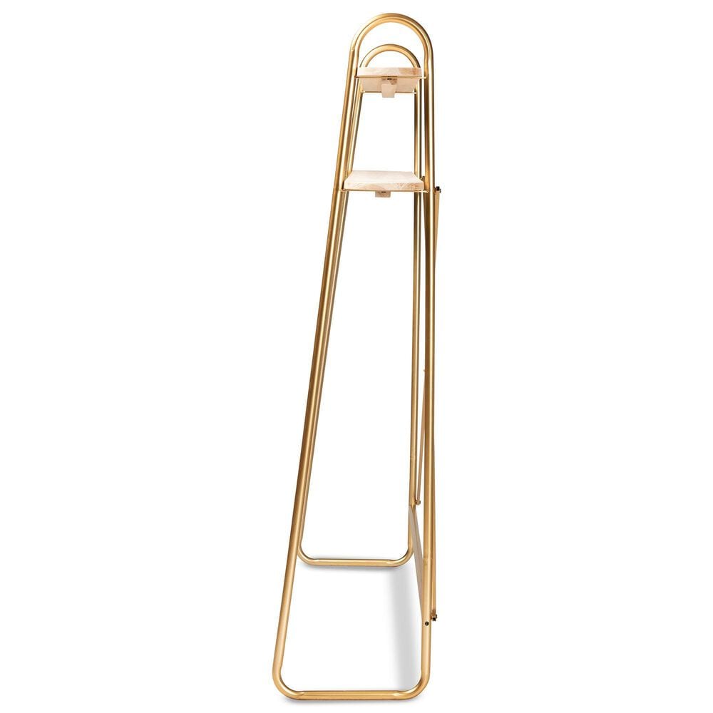 Baxton Studio Merida 2-Tier Over Bed Queen Size Storage Display Shelf in Brushed Gold and Natural Brown, , large