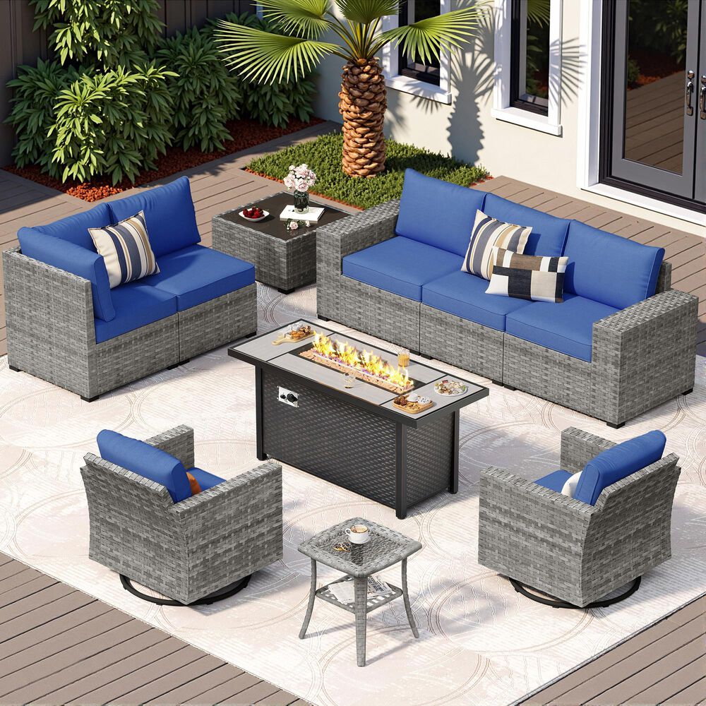 HOMLUX 10-Piece Outdoor Patio Wicker Sectional Furniture Set in Navy Blue, , large