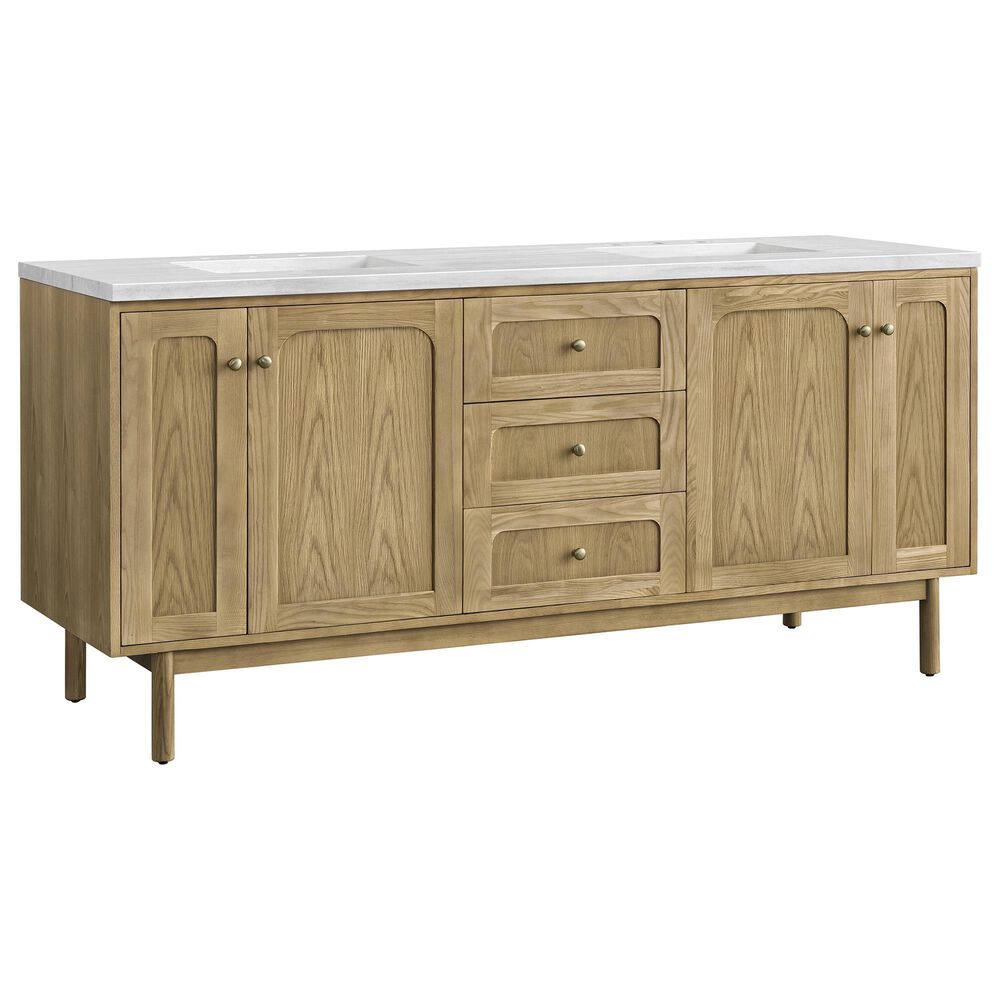 James Martin Vanities Laurent 72" Double Bathroom Vanity in Light Natural Oak with 3 cm Arctic Fall Solid Surface Top and Rectangular Sinks, , large