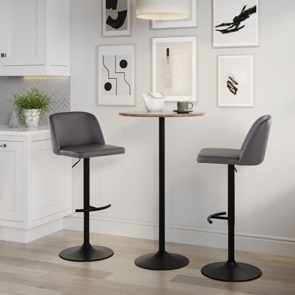 LumiSource Toriano Swivel Adjustable Bar Stool with Grey Faux Leather Upholstery in Black (Set of 2), , large