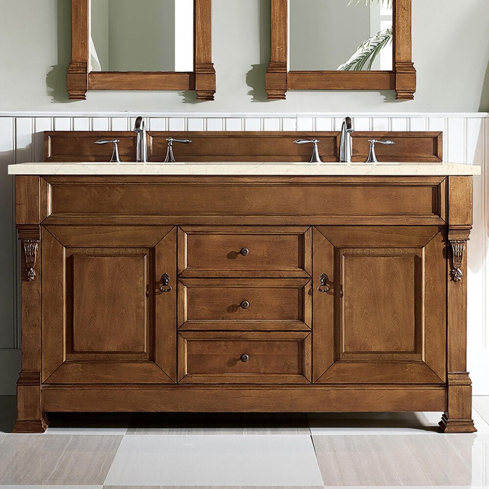 James Martin Vanities Brookfield 60&quot; Double Bathroom Vanity in Country Oak with 3 cm Eternal Marfil Quartz Top and Rectangle Sink, , large