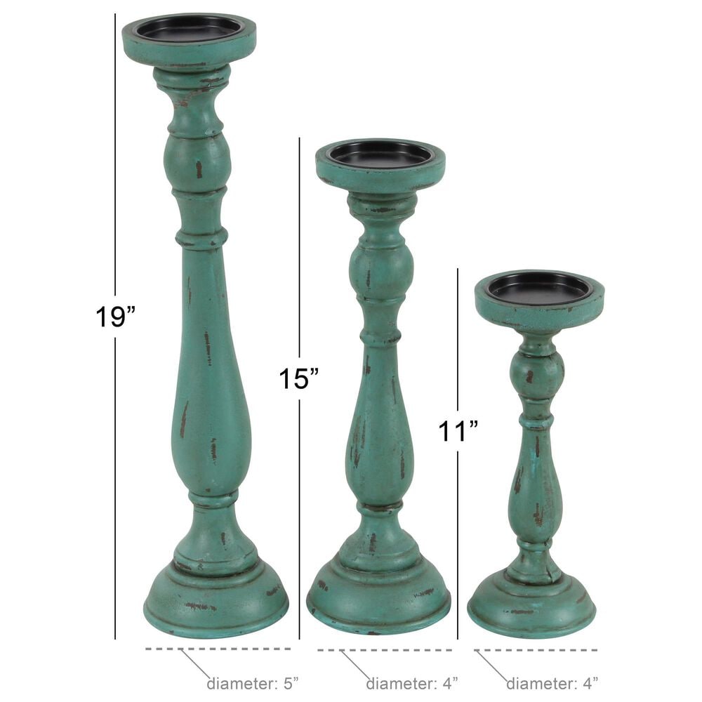 Maple and Jade Turned Pillar Decorative Candle Holder in Distressed Teal and Brown &#40;Set of 3&#41;, , large