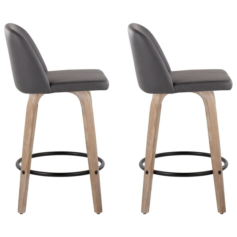 LumiSource Toriano Swivel Counter Stool with Grey Faux Leather Upholstery in Whitewashed and Black (Set of 2), , large