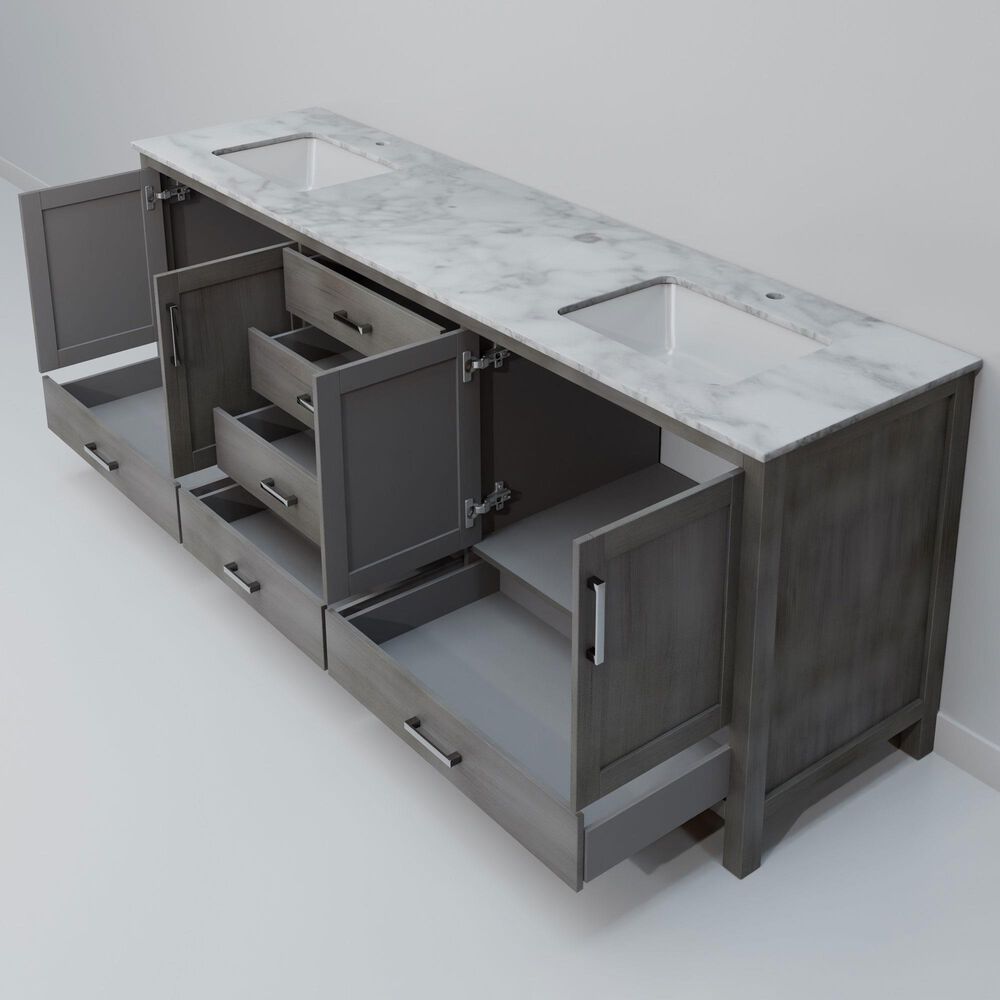 Lexora Home Jacques 80" Double Bathroom Vanity in Distressed Grey with 2 cm White Carrara Marble Top and Rectangular Sinks, , large